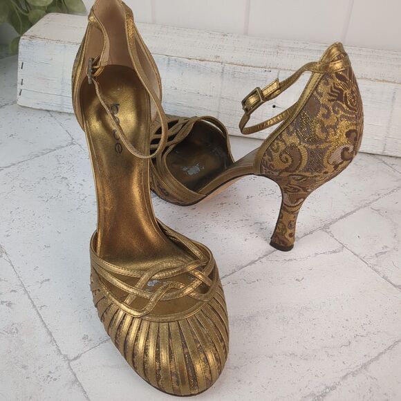 Bebe Gold Strappy Brocade Floral Sparkle Stiletto Heels Size 9.5 M Coquette - Picture 12 of 12
